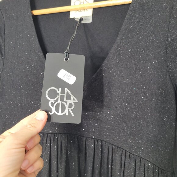 Chaser NEW Women's Black Long Bell Sleeves Sparkle V-neck Shift Dress Sz S NWT - Picture 3 of 11
